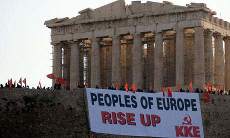 banner at Acropolis, reading Peoples of Europe, rise up!