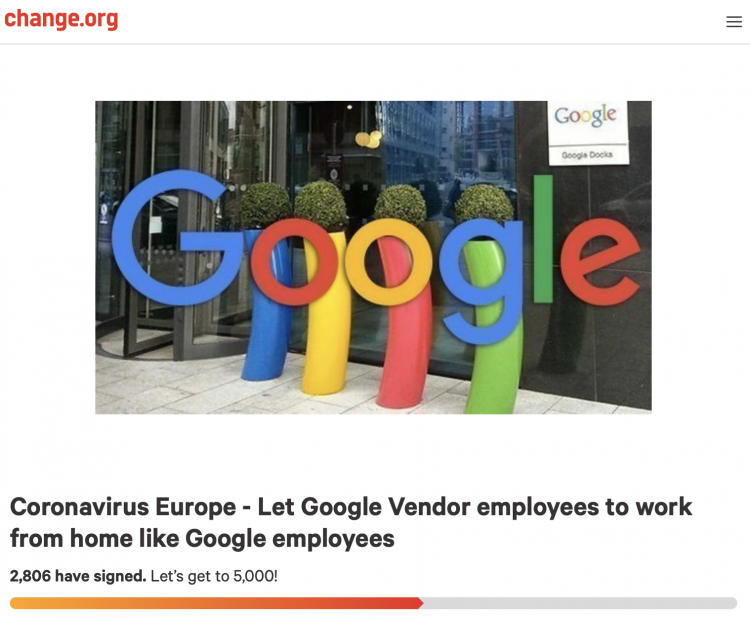A screenshot from change.org saying "Coronavirus Europe - Let Google Vendor employees to work from home like Google employees"